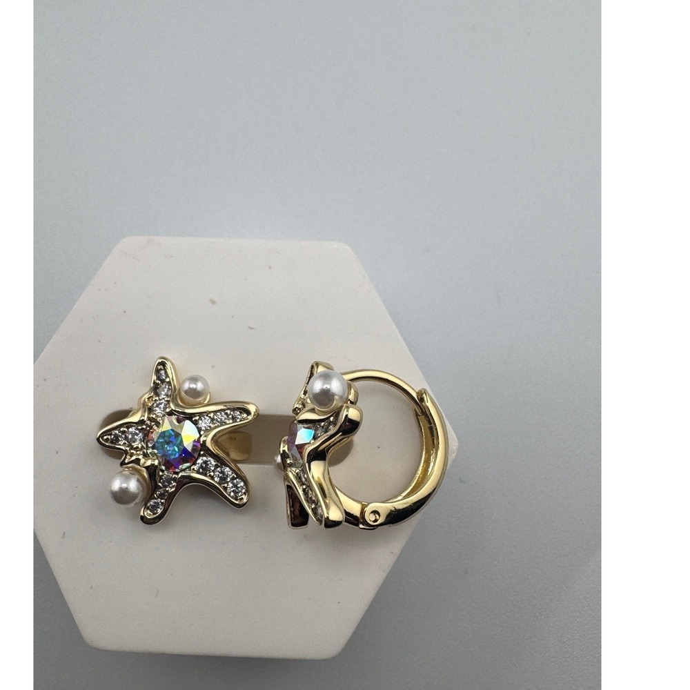 14K Gold Plated Starfish Huggie Hoop Earrings Pearl Crystal Nautical Jewelry NEW